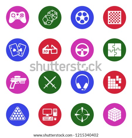Games Icons. White Flat Design In Circle. Vector Illustration. 