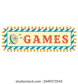 Games illuminated rectangle sign retro banner design template vector illustration. Greeting announcement vintage striped signboard with dartboard and arrow fun playing attraction invitation