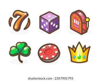 Games or just casual casino icons for your application. Bright wonderful user interface elements. Good for animation. Game chip, crown, slot machine and others. Vector illustration for your business.