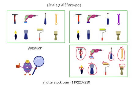  Games. Kids. 10 differences in construction tools. Attention to color, shape, silhouette.