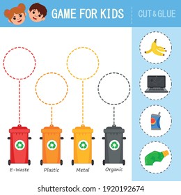 Games for kids. Sort garbage into containers - glass, plastic, metal, paper, organic, E-waste. Eco and environment friendly eduction. Vector illustration