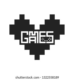 Games lettering with retro gamepad button inside pixel heart icon