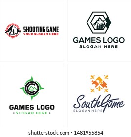 Games logo with shooting mountain compass tree and puzzle vector suitable for icon symbol recreational company families
