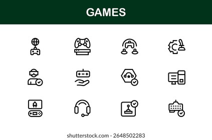 Games, modern line icon set featuring minimal, professional, and creative vector symbols perfect for digital design, apps, entertainment, and more.