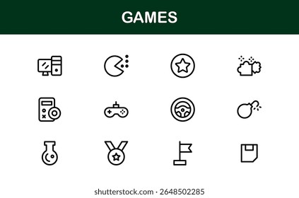 Games, modern line icon set featuring minimal, professional, and creative vector symbols perfect for digital design, apps, entertainment, and more.
