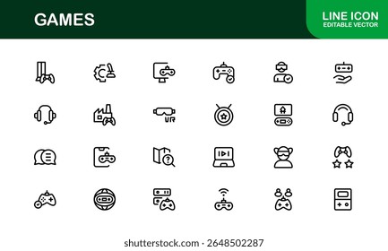 Games, modern line icon set featuring minimal, professional, and creative vector symbols perfect for digital design, apps, entertainment, and more.