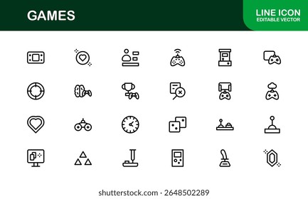 Games, modern line icon set featuring minimal, professional, and creative vector symbols perfect for digital design, apps, entertainment, and more.