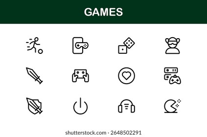 Games, modern line icon set featuring minimal, professional, and creative vector symbols perfect for digital design, apps, entertainment, and more.