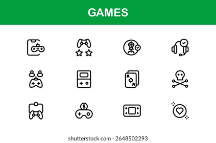 Games, modern line icon set featuring minimal, professional, and creative vector symbols perfect for digital design, apps, entertainment, and more.