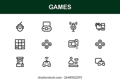 Games, modern line icon set featuring minimal, professional, and creative vector symbols perfect for digital design, apps, entertainment, and more.