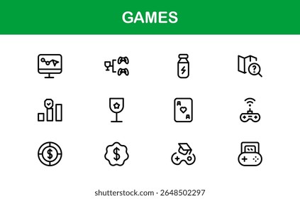 Games, modern line icon set featuring minimal, professional, and creative vector symbols perfect for digital design, apps, entertainment, and more.