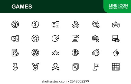 Games, modern line icon set featuring minimal, professional, and creative vector symbols perfect for digital design, apps, entertainment, and more.