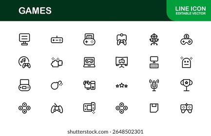 Games, modern line icon set featuring minimal, professional, and creative vector symbols perfect for digital design, apps, entertainment, and more.