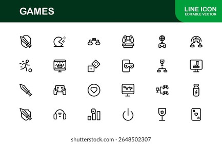 Games, modern line icon set featuring minimal, professional, and creative vector symbols perfect for digital design, apps, entertainment, and more.