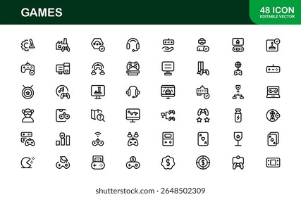 Games, modern line icon set featuring minimal, professional, and creative vector symbols perfect for digital design, apps, entertainment, and more.