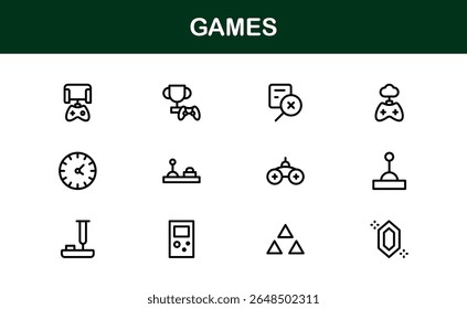 Games, modern line icon set featuring minimal, professional, and creative vector symbols perfect for digital design, apps, entertainment, and more.