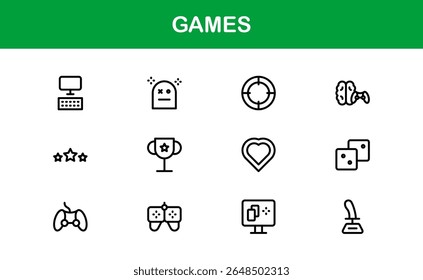 Games, modern line icon set featuring minimal, professional, and creative vector symbols perfect for digital design, apps, entertainment, and more.