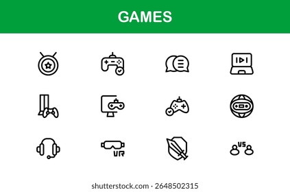 Games, modern line icon set featuring minimal, professional, and creative vector symbols perfect for digital design, apps, entertainment, and more.
