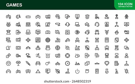 Games, modern line icon set featuring minimal, professional, and creative vector symbols perfect for digital design, apps, entertainment, and more.