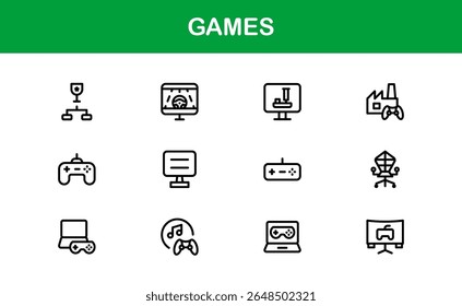 Games, modern line icon set featuring minimal, professional, and creative vector symbols perfect for digital design, apps, entertainment, and more.