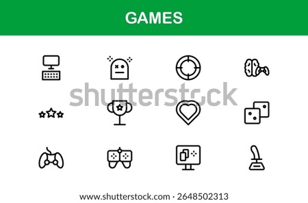 Games, modern line icon set featuring minimal, professional, and creative vector symbols perfect for digital design, apps, entertainment, and more.