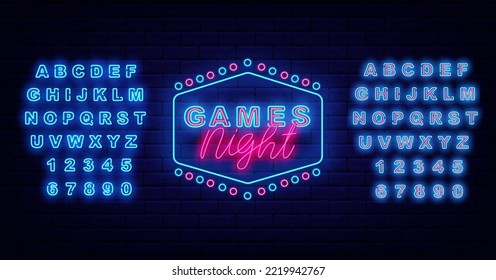 Games night neon signboard. Frame with circles. Luminous blue alphabet. Glowing advertising. Game design. Shiny banner. Vector stock illustration