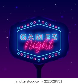 Games night neon signboard. Luminous street billboard. Glowing advertising. Game design. Virtual reality club. Shiny banner. Vector stock illustration