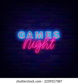 Games night neon signboard. Luminous label on brick wall. Glowing advertising with lettering. Game design. Virtual reality club. Shiny banner. Vector stock illustration