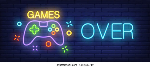 Games, over neon text with controller. Technology and entertainment concept. Advertisement design. Night bright neon sign, colorful billboard, light banner. Vector illustration in neon style.