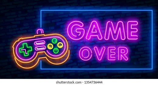 Games, over neon text with controller. Technology and entertainment concept. Advertisement design. Night bright neon sign, colorful billboard, light banner. Vector illustration in neon style.