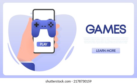 Games people in flat style. Cartoon video game. Vector illustration. Hand holding mobile phone