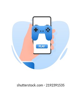 Games people in flat style. Cartoon video game. Vector illustration. Hand holding mobile phone