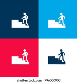 Games player upgrading level symbol four color material and minimal icon logo set in red and blue