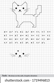 Games for preschoolers. We draw on the cells. Graphic dictation. Cat. Vector