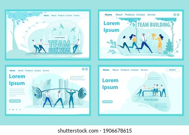 Games and Quests for Team Spirit. Office Workers Pulling Rope. Race for Golden Cup. Supporting Colleagues Playing Tennis. Four Flat Vector Landing Page Templates with Copy Space for Extra Text.