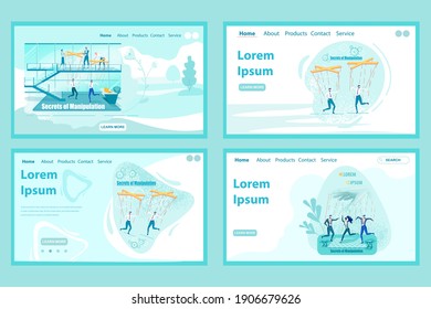 Games and Quests for Team Spirit. Office Workers Pulling Rope. Race for Golden Cup. Supporting Colleagues Playing Tennis. Four Flat Vector Landing Page Templates with Copy Space for Extra Text.