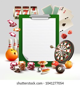 Games realistic 3d composition notepad with lined pages and different attributes for gaming are located around vector illustration