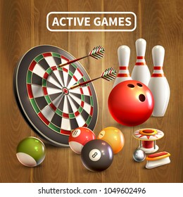 Games realistic concept with active games headlines and bowling darts billiards games attributes vector illustration