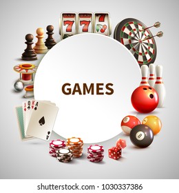 Games realistic round frame with big headline games and different elements around vector illustration