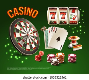 Games realistic stylish composition with casino headline and different games attributes isolated and colored vector illustration