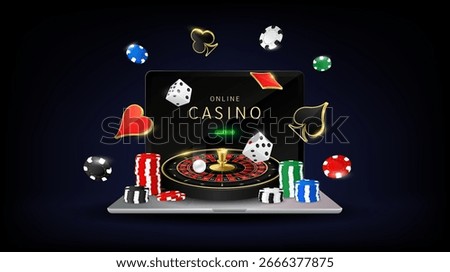 Games roulette, poker chips and dice float away on laptop. Background to advertising online casino gambling. Vector.