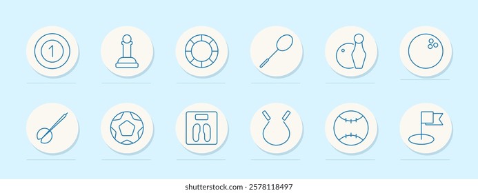 Games set icon. Medal, chess, lifebuoy, table tennis, bowling, darts, soccer, scale, horseshoe, baseball, golf