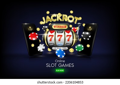 Games slot machine and poker chips float away from smartphone with flying golden coins wins the jackpot. Website banner design online casino gambling. Big win concept. 3D realistic vector EPS10.