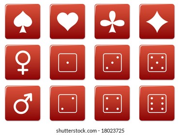 Games square icons set. Red - white palette. Vector illustration.