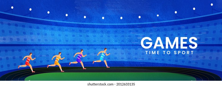 Games Time To Sport Header Or Banner Design With Runner Athletics On Race Track.