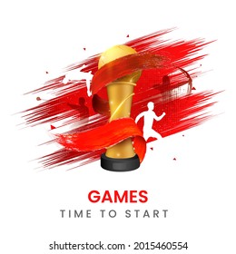 Games Time To Start Concept With Golden Football Trophy And Red Brush Effect Various Athletics On White Background.
