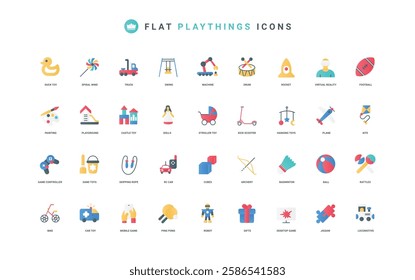 Games and toys for kids color icon set. Baby and preschool child equipment of playground, bike and kick scooter, rocket and truck, doll for boys and girls to play flat elements vector illustration