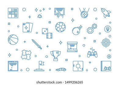 Games vector concept minimal blue outline horizontal illustration or banner on white background