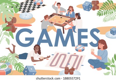 Games vector flat banner template with text space. Happy smiling people in comfort clothes playing board games. Indoor entertainment, group of people, men and women spending time to each other.