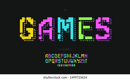 Games vector font 3d bold colorful style. Trendy alphabet for party poster, book, t shirt, flyer, decoration, card, sgame, banner, printing, industrial. Cool typeface.  10 eps